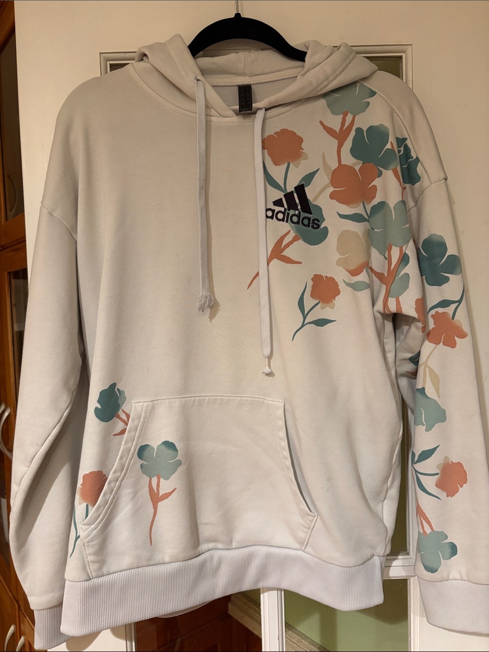 adidas Cream Hoodie with Teal & Coral Floral Print